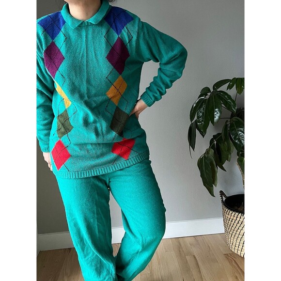 vtg 90s silk wool green knit sweater set‎ argyle print retro loungewear small - Picture 8 of 9